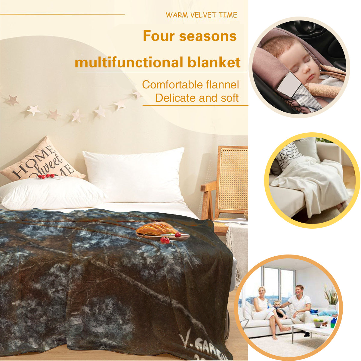 "Four seasons multifunctional blanket on bed, showcasing comfortable flannel material, suitable for all-year use and hypoallergenic benefits."