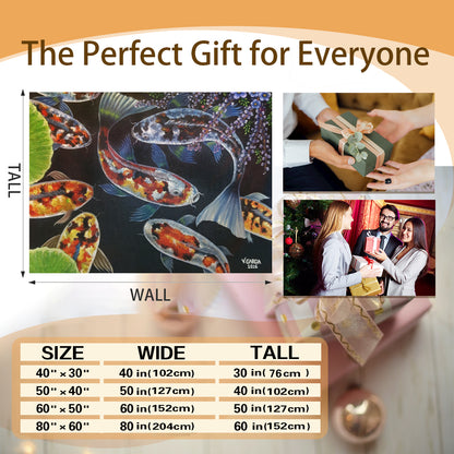 "Perfect gift idea featuring koi fish blanket with size chart, ideal for birthdays or special occasions."