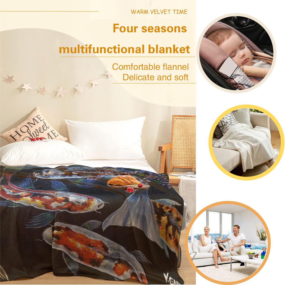 "Multifunctional flannel blanket with koi print, hypoallergenic and soft, ideal for all seasons and easy care, shown in cozy room settings"